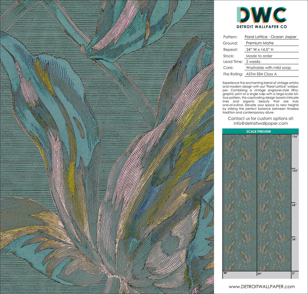 Floral Lattice - Ocean Jasper <br> Wallpaper - The Detroit Wallpaper Co.