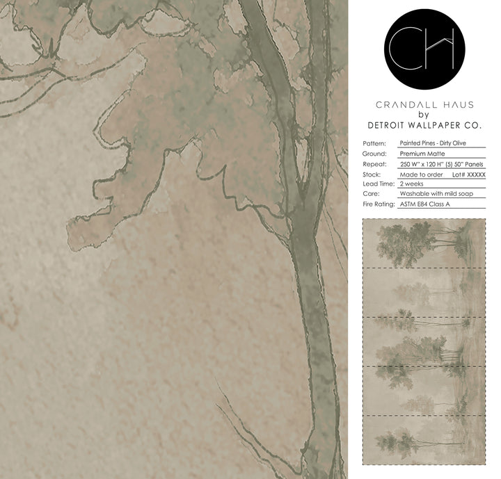 Painted Pines - Dirty Olive <br> Wallpaper Mural - The Detroit Wallpaper Co.